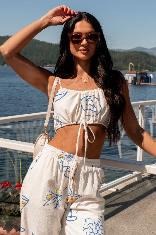 Women's Tailored Outfit Drinks On The Patio Printed Drawstring Crop Top (Cream)