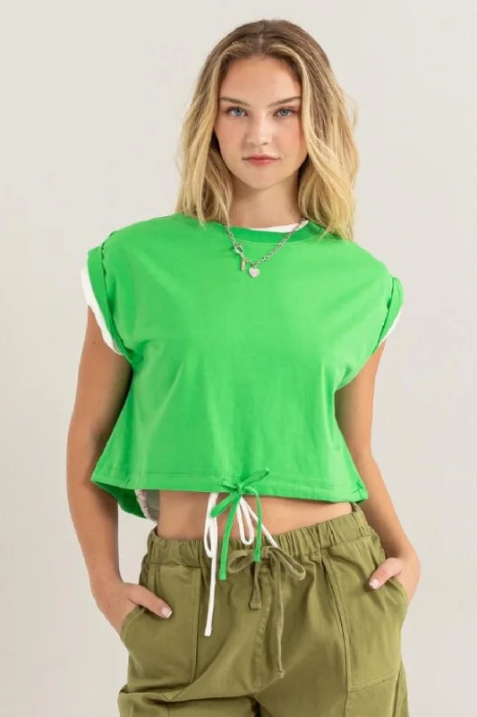 Modern Women's Apparel Hot Girl HYFVE Drawstring Hem In Green Short Sleeve Crop Top