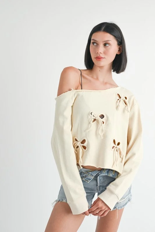 Stylish Women's Garments For Holidays Hot Girl Petal Play One Shoulder French Terry Cutout Long Sleeve Top