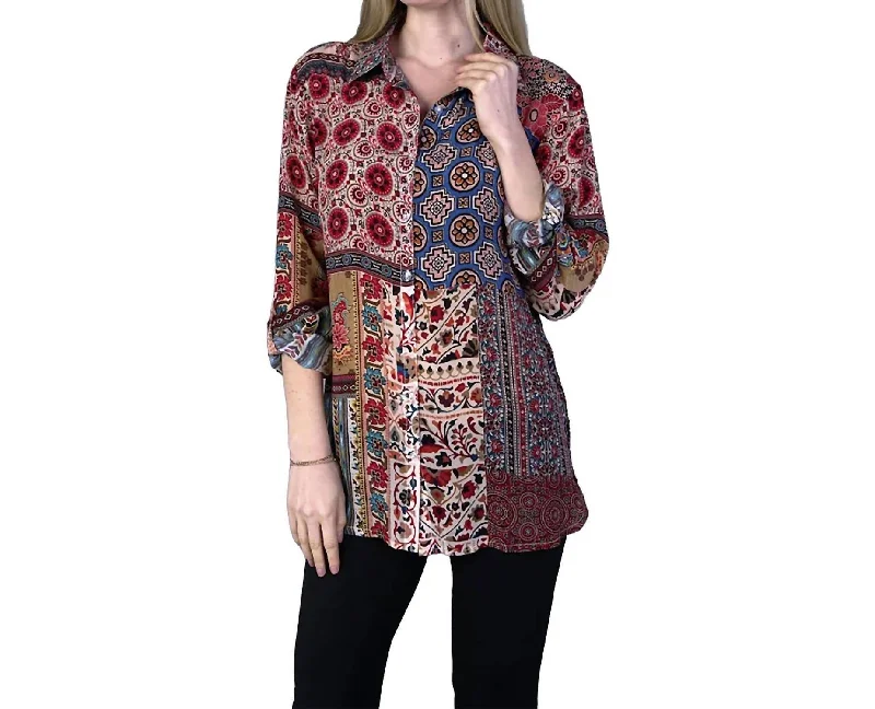 Women Online Clothing Boutiques Patchwork Print Button Up Tunic Top In Wine