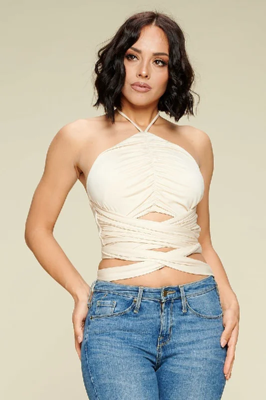 Online Boutique Stores Hot Girl Wrap Cropped Halter In Cream Short Sleeve Top