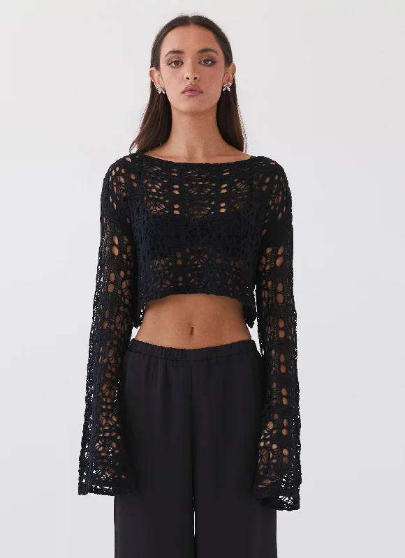 Women's Work Outfit For The Office Free Mind Crochet Long Sleeve Top - Black