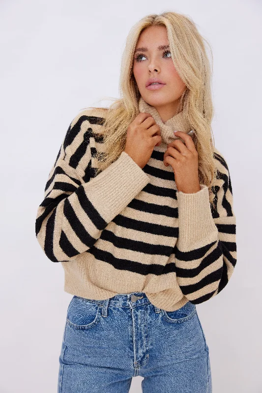 Trendy Street Style Clothing Jean Stripe Turtleneck Sweater