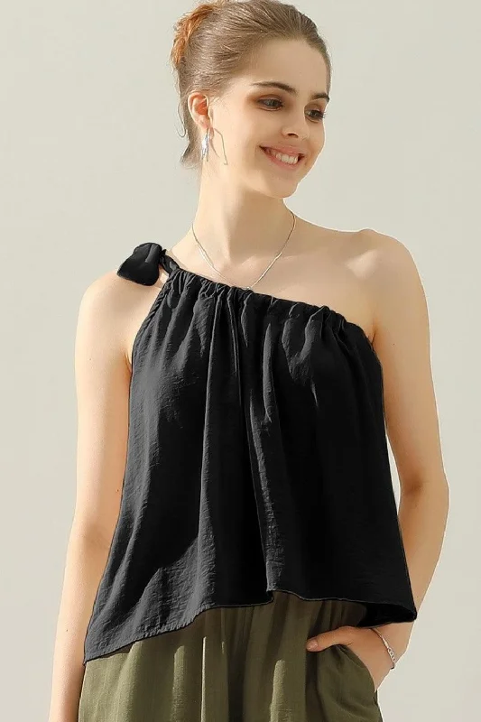 Trendy Outfits For Girls Hot Girl Ninexis One Shoulder Bow Tie Strap Satin Short Sleeve Top