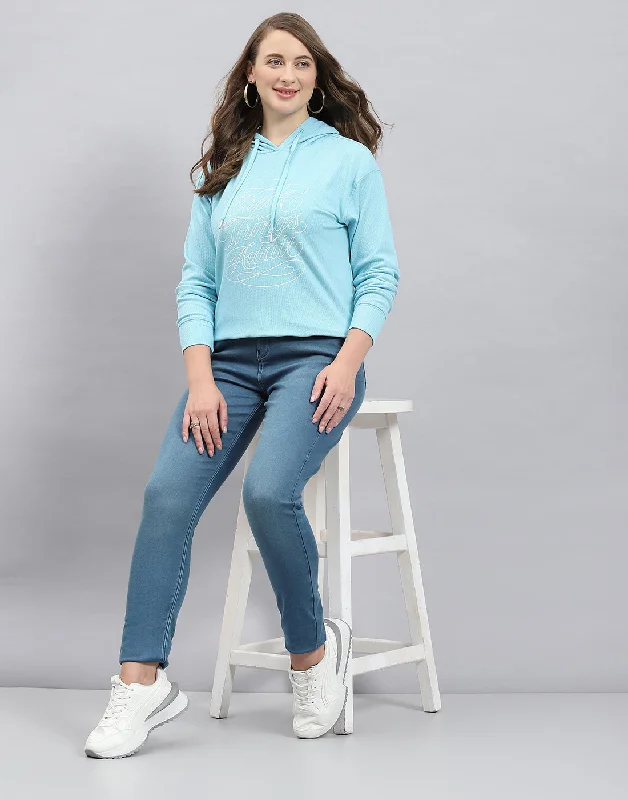 Sophisticated Fashion Women Blue Printed Hooded Full Sleeve Winter Top