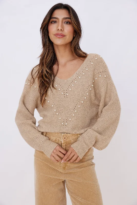Boho Chic Fashion SALE - Tatiana Pearl Detail V Neck Sweater