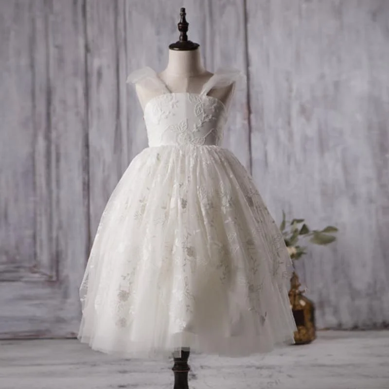 Women's Clothing For Work Ivory Cute Lace Tulle Flower Girl Dresses, V-back Cap Sleeve Little Girl Dresses, FG054