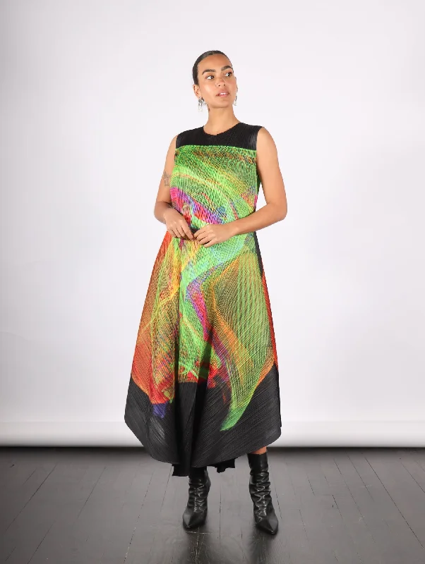 Women's Vacation Clothes Spectrum Dress in Bright Green by Pleats Please Issey Miyake