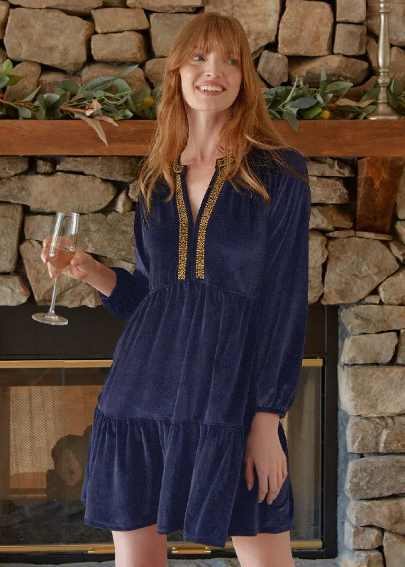 Casual Garments For Women Navy Embroidered Velvet Tiered Dress