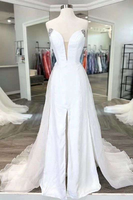 Chic Women's Clothing for Work and Travel White Strapless Beaded A-Line Pageant Dress with Attached Train