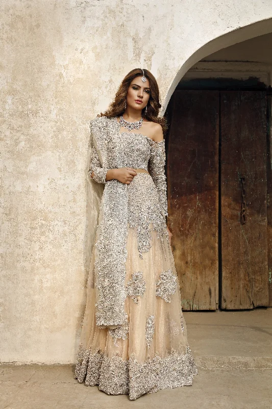 Brand Name Clothing Discount Extravaganza Latest Pakistani embroidered walima dress in lavish peach color # B3447