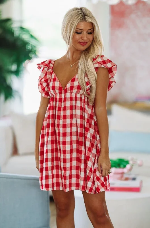 Luxury Fashion Discounts To Be Loved By You Plaid Babydoll Dress - Red and White