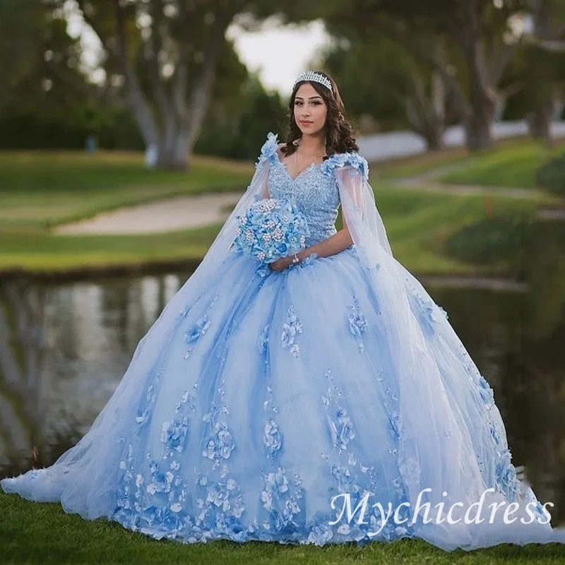 Comfortable Women's Clothing Mexican Sky Blue Quinceanera Dresses 3D Flower Appliques With Cape Comfortable Women's Clothing Mexican Sky Blue Quinceanera Dresses 3D Flower Appliques With Cape