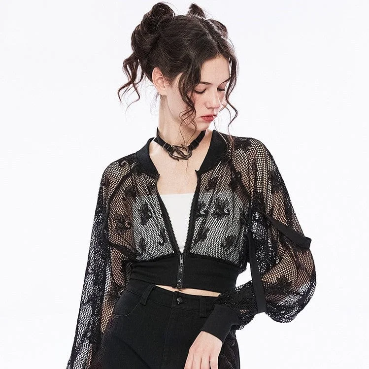 Charming Women's Garments Women's Punk Floral Sheer Mesh Short Jacket
