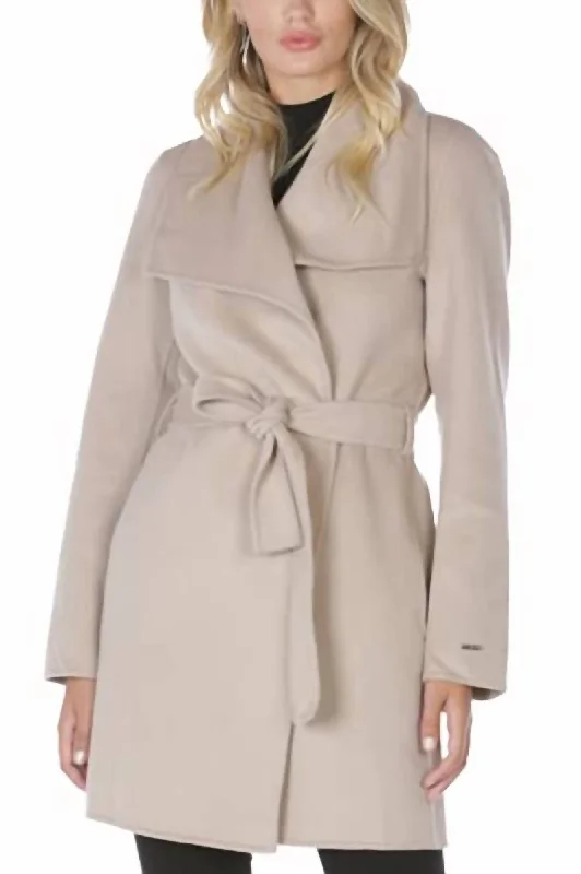 Chic Women's Attire Wool Wrap Coat With Tie Belt In Soft Almond